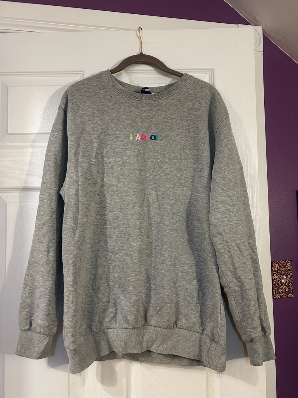 Divided Grey Crewneck Sweatshirt with Colorful 'I AM OK' Embroidery